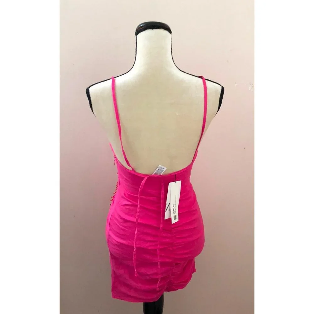 NWT Zara bright pink draped beaded linen blend ruched cutout dress - Picture 7 of 8